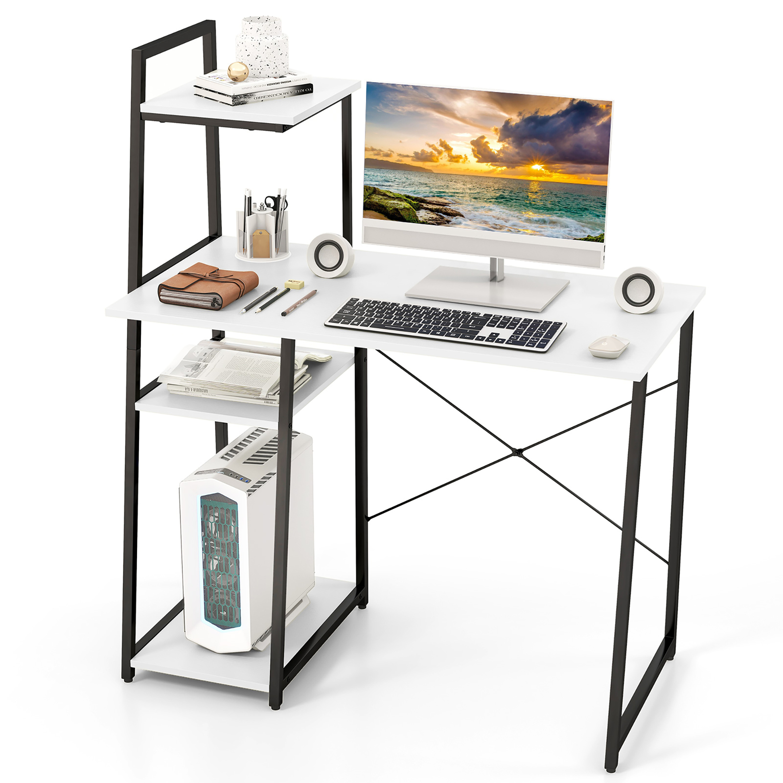 Computer Desk w/ Shelves 3-Tier Storage Bookshelf Ladder-shaped Metal Frame gallery