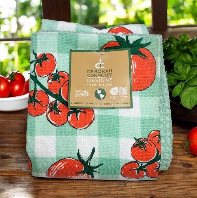 Deborah Connolly Fall Retro Tomatoes Kitchen Towels 3 Green White Checkered gallery