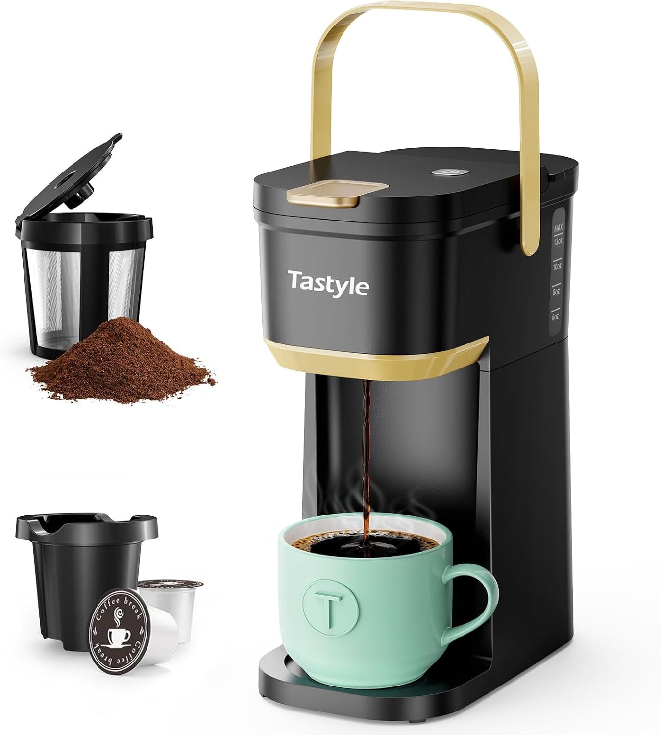 Single Serve One Cup Coffee Maker – K Cup/Grounds, Mini 6–12oz Portable, Black gallery