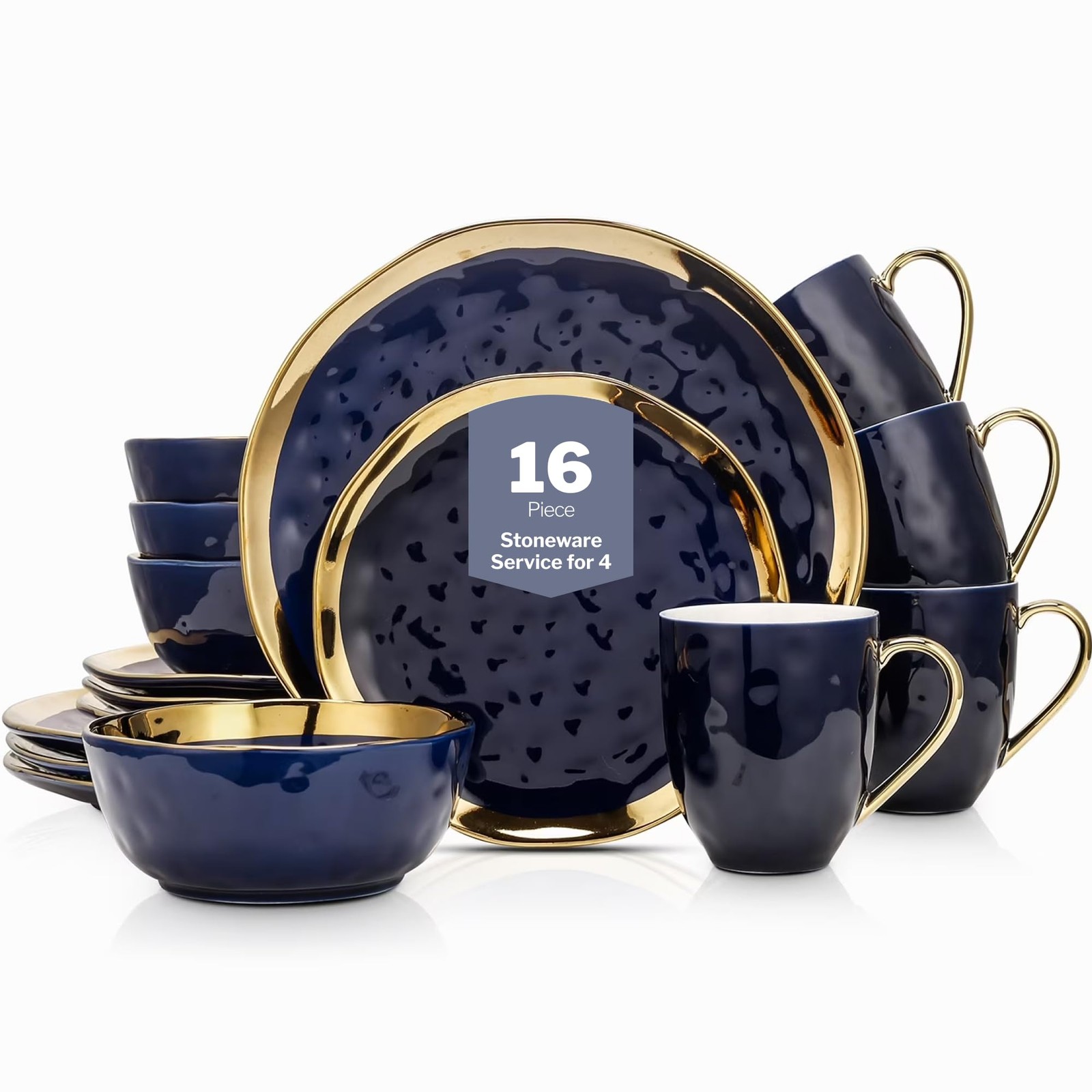 Stone Lain Porcelain 16 Piece Dinnerware Set, Service for 4, Blue and Golden Rim gallery