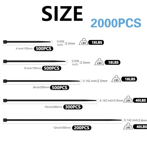 2000 PCS Zip Ties Assorted Sizes 4+6+8+10+12 4+6+8+10+12 inch(2000pcs) Black gallery