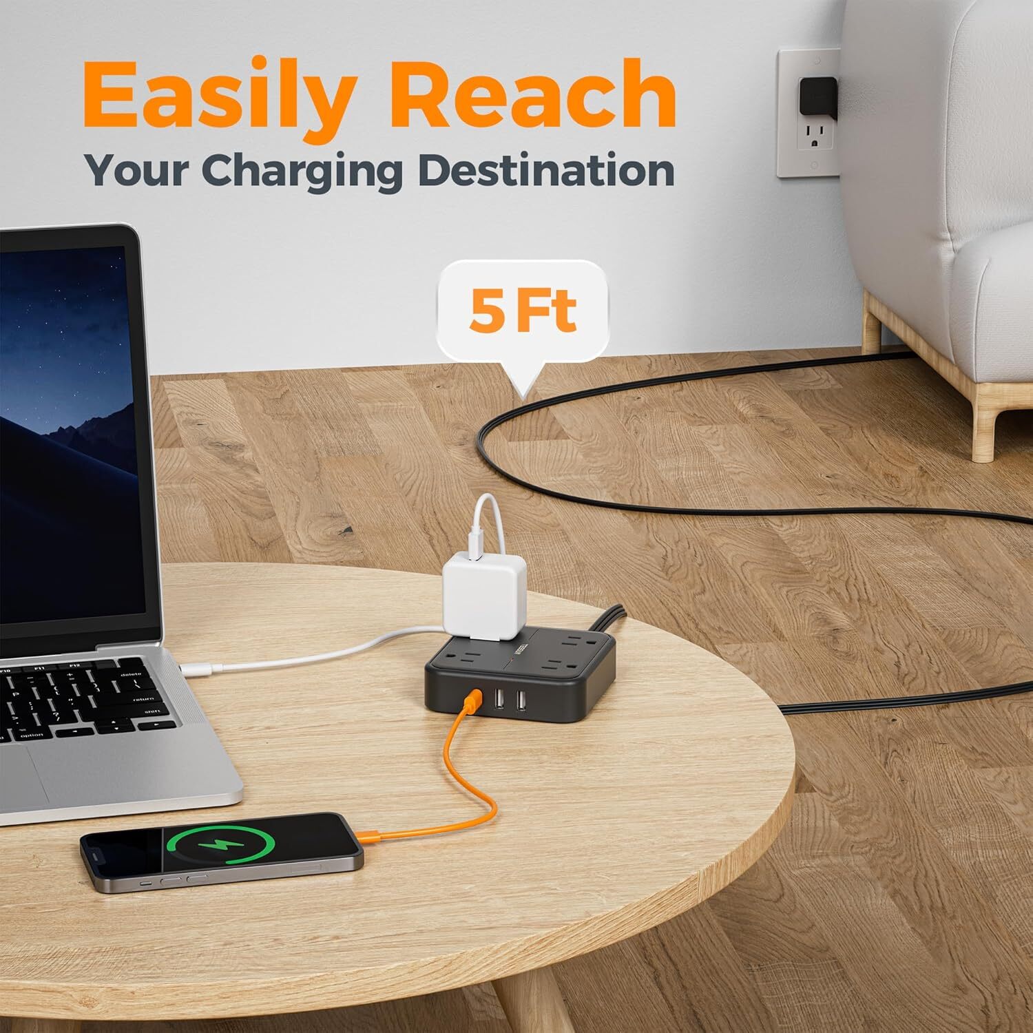 TESSAN Flat Plug Power Strip with 4 Outlets Surge Protector Extension Cord 5FT gallery