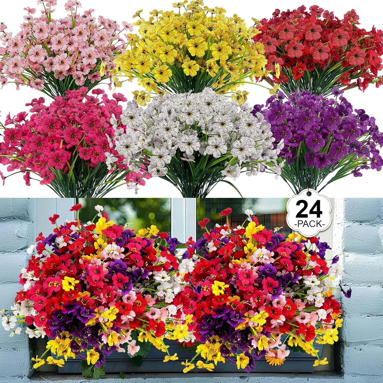 24 Pcs (6 Color) UV Resistant Outdoor Artificial Faux Flowers Plants Realistic P gallery