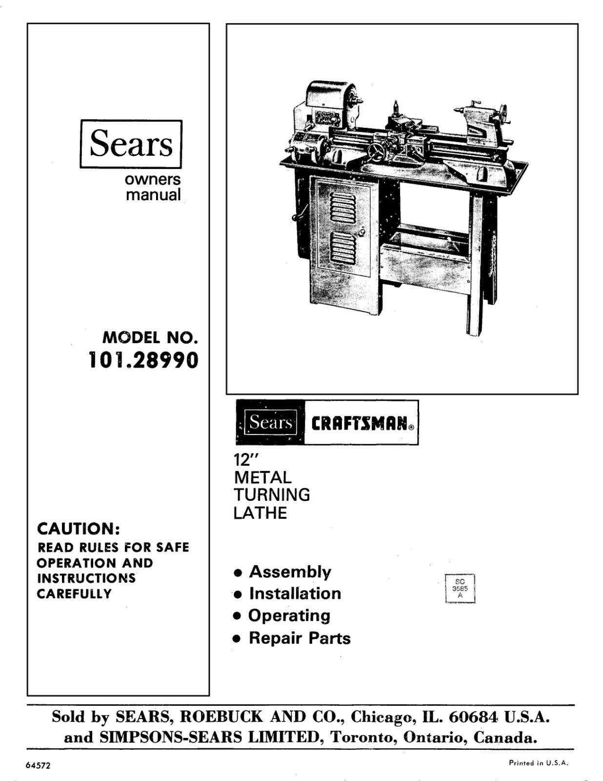 12" Metal Turning Lathe Instruction Manual Craftsman 101.28990 gallery