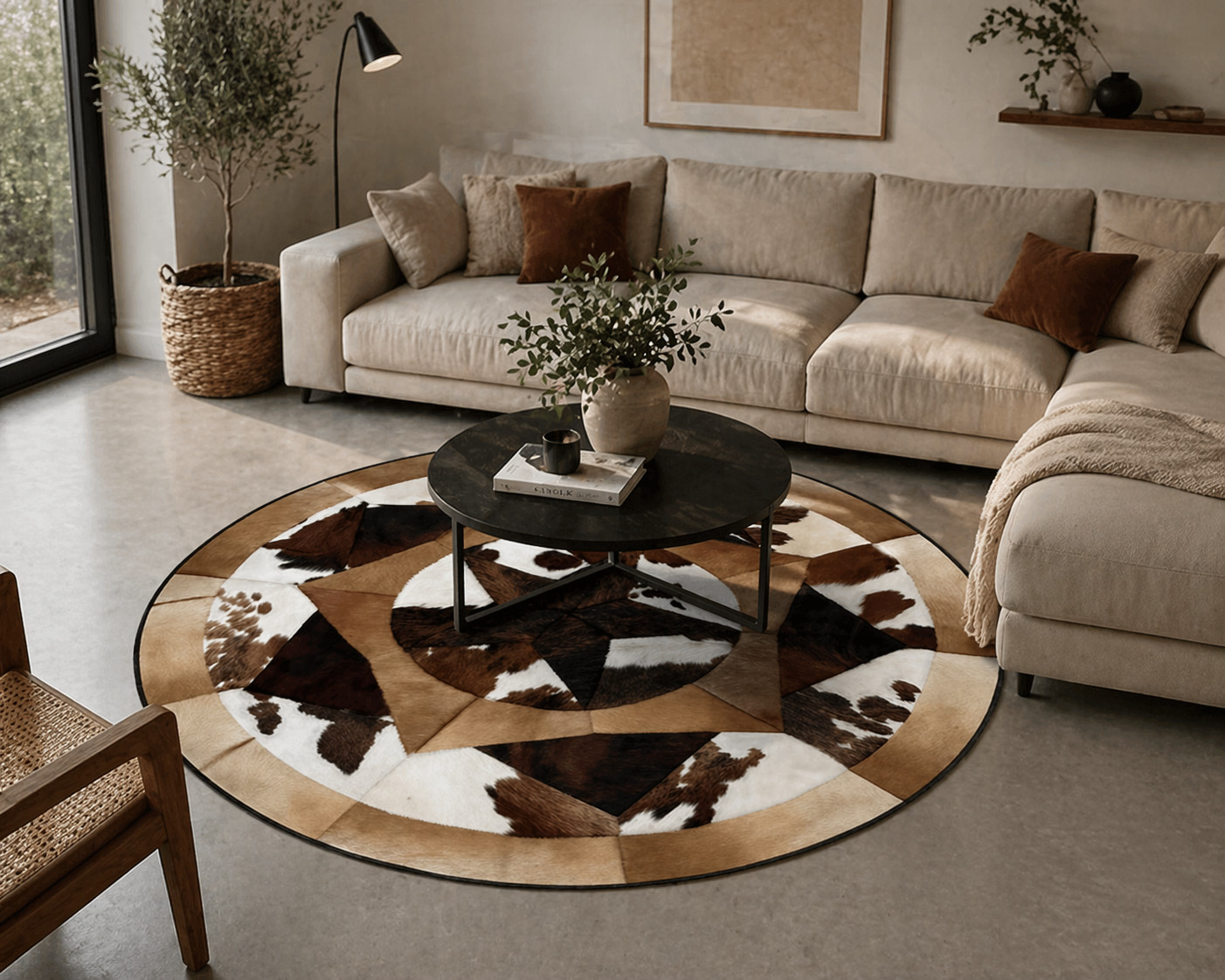 Real Cowhide Round Rug Tricolor Multi Star 60" gallery