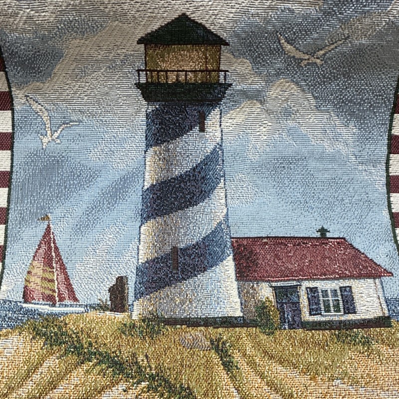 Lighthouse Coastal Fabric Table Runner with Tassels, Blue Beige Red White gallery