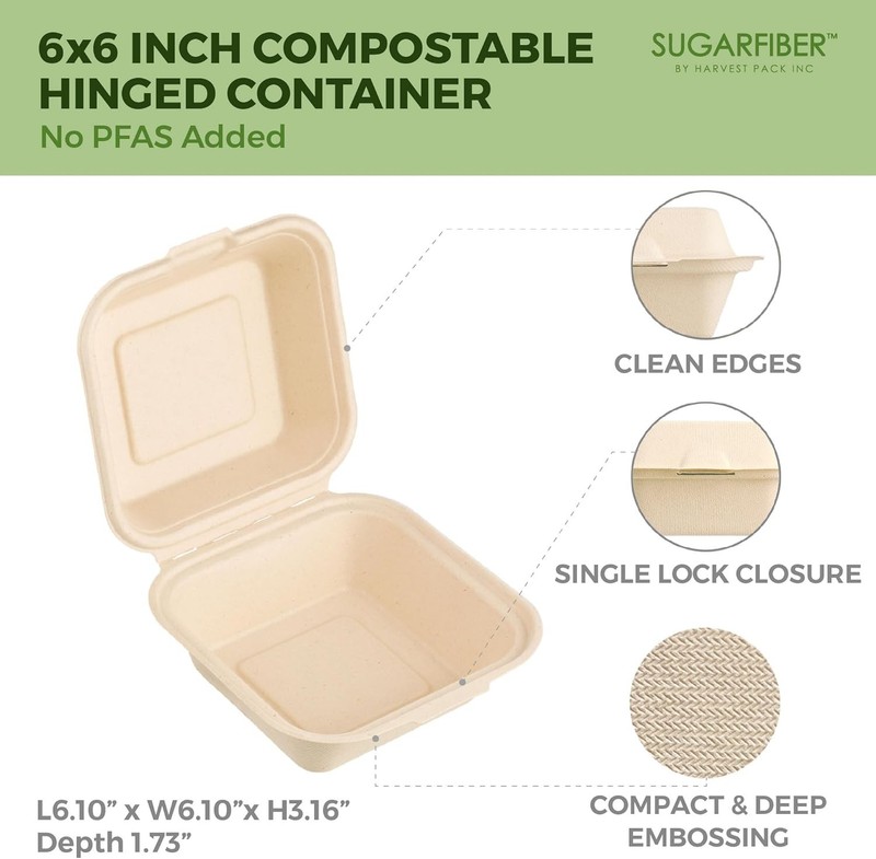50 Count Compostable Take-Out Boxes, Square 6" Bagasse Clamshell gallery
