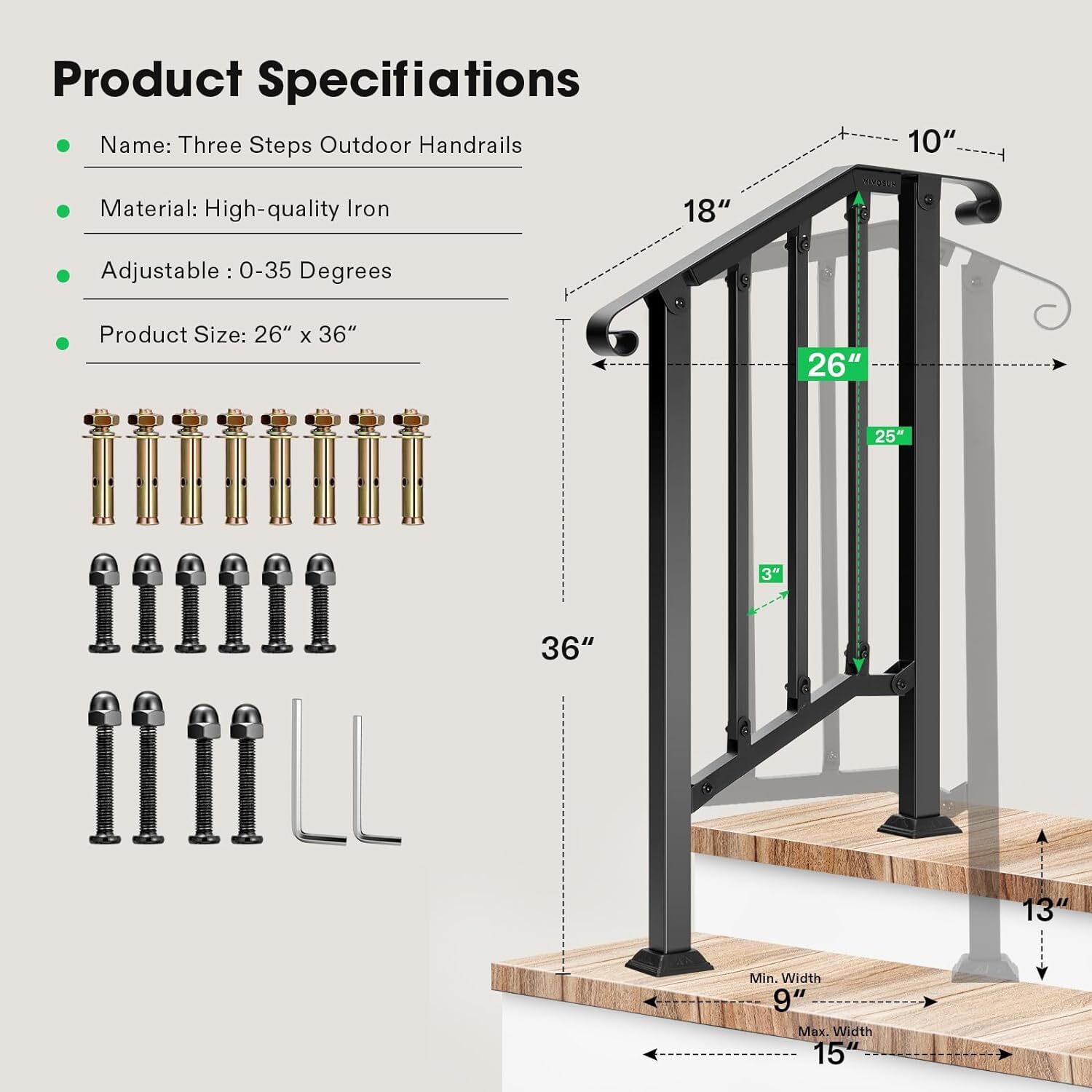 VIVOSUN Wrought Iron Handrails 1-2 Step Outdoor Stair Railing, Porch Post 0-35° gallery
