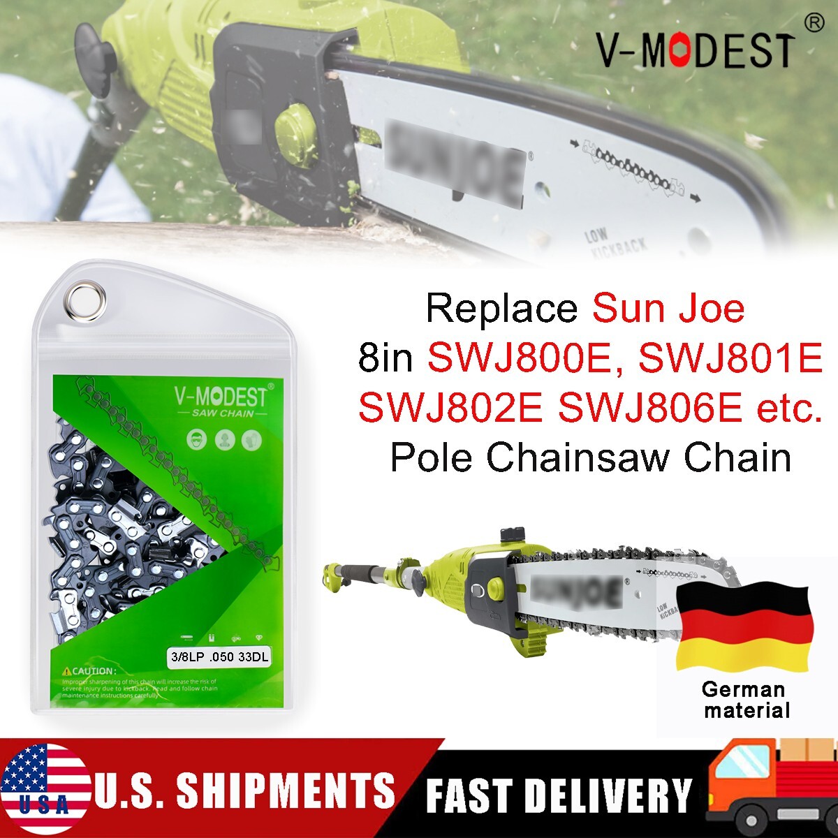 Replace 8'' Sun Joe SWJ800E SWJ801E SWJ806E etc. Pole Saw chain 3/8"LP .050 33DL gallery