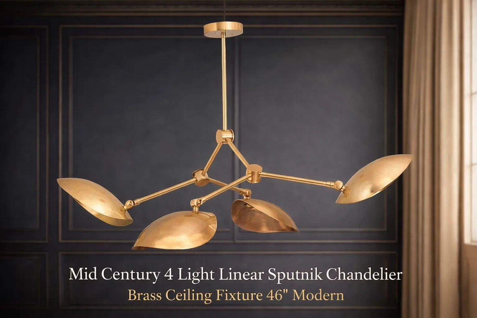 Mid Century 4 Light Linear Sputnik Chandelier Brass Ceiling Fixture 46” Modern gallery