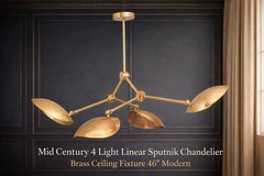 Mid Century 4 Light Linear Sputnik Chandelier Brass Ceiling Fixture 46” Modern