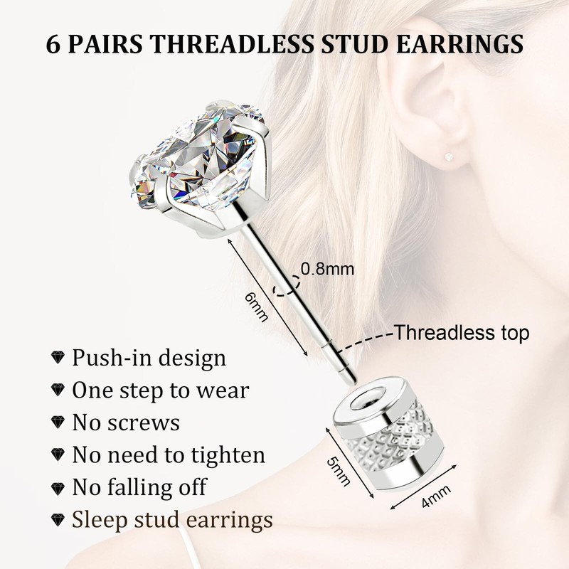Threadless Flat Back Stud Earrings, 6 Pairs Titanium Hypoallergenic Earrings ... gallery