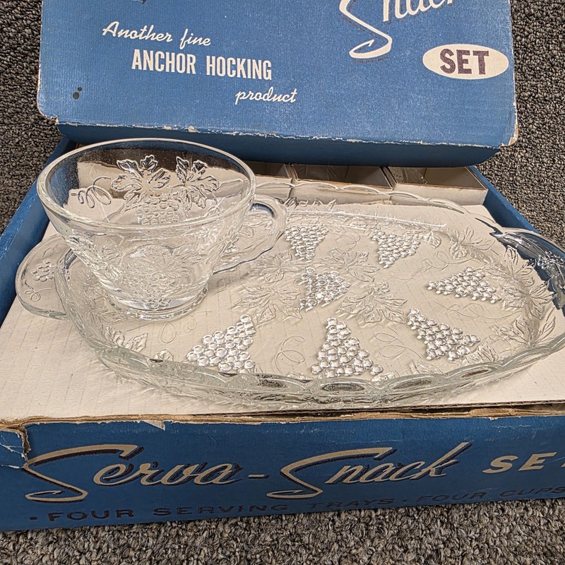 Vintage Anchor Hocking Serva-Snack Set, Grapevine Pattern, Mid-Century Serves 4 gallery