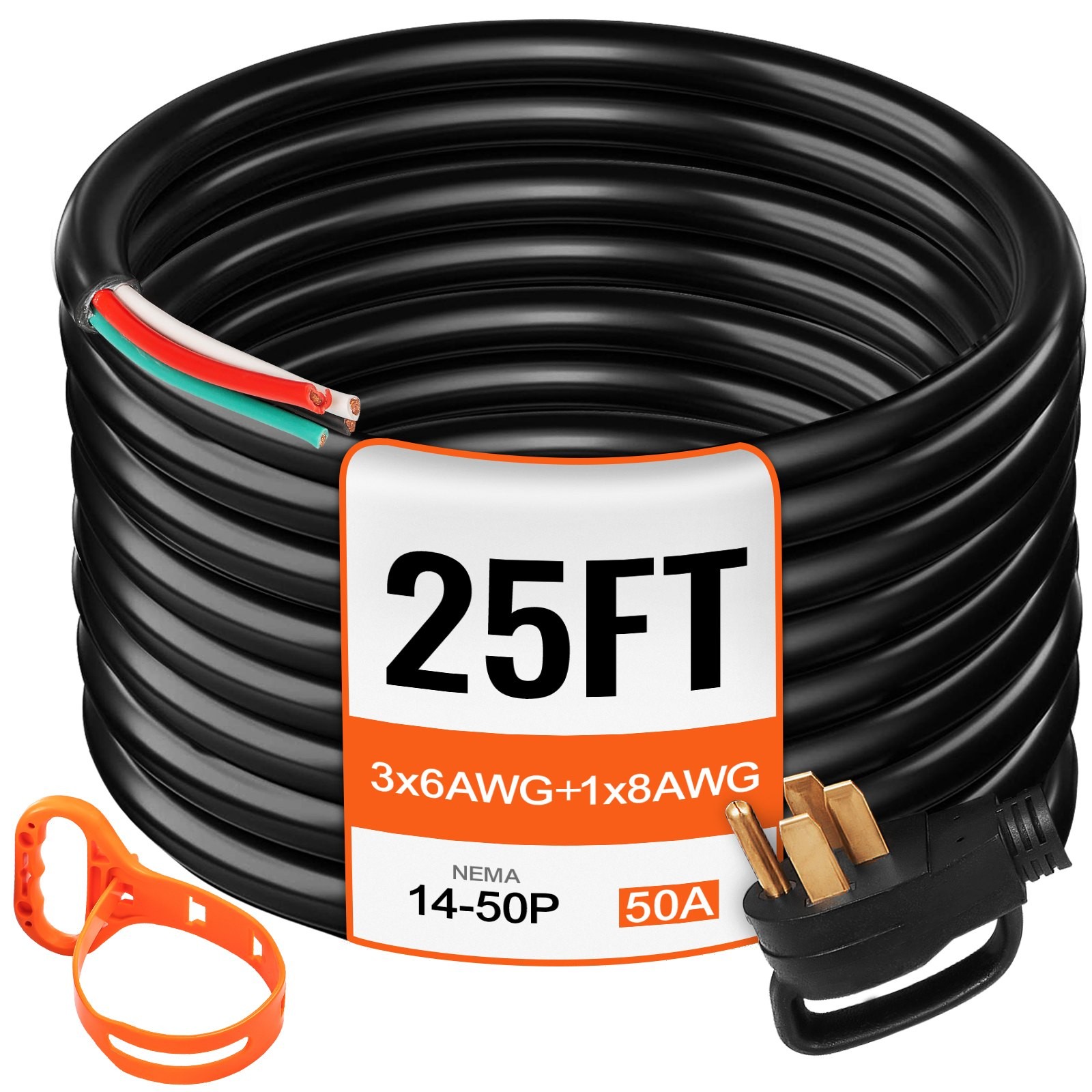 25' 50A RV Camp Power Cord Generator Cord 6/3 + 8/1 AWG NEMA 14-50P to Bare Wire gallery