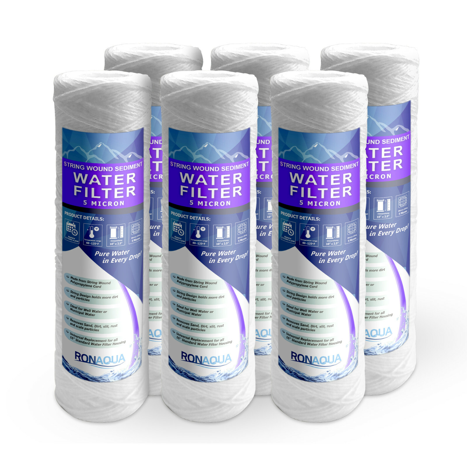 Wound String Sediment 5 Micron Water Filter Cartridge 2.5" x 10" 6 Pack gallery