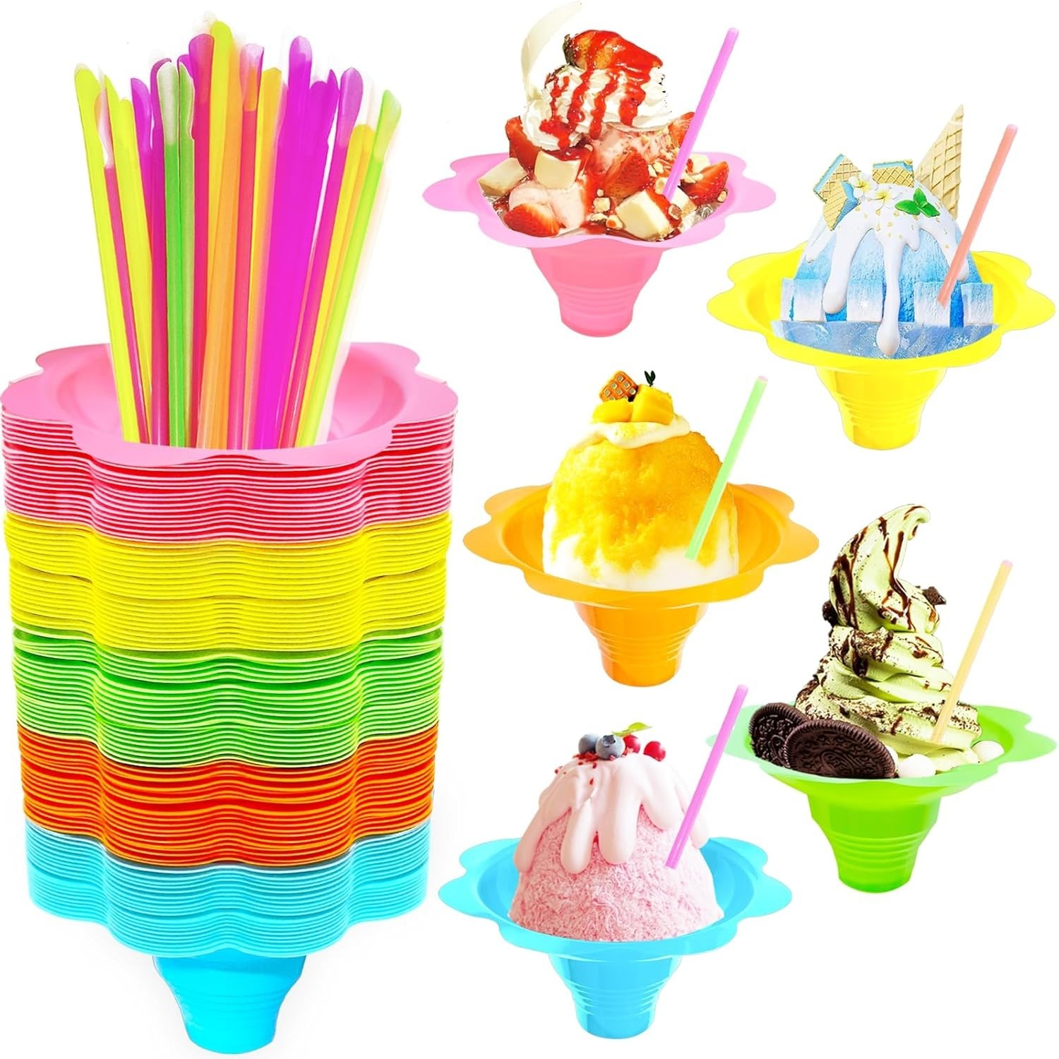 200PCS 4oz Colorful Snow Cone Cups Set with 100Pcs Spoon Straws and 100Pcs Cups, gallery