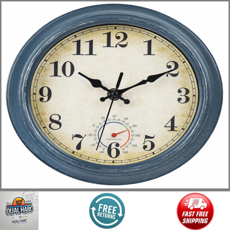 Outdoor Waterproof Wall Clock with Thermometer Rustic Beach Decor 8" Blue gallery