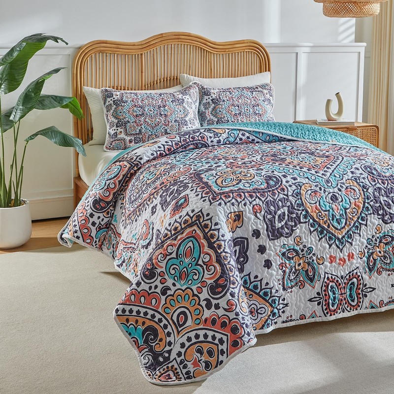 Boho Quilt Set Twin Size - Reversible Summer Bohemian Quilt Bedding Set, 3 Pi... gallery