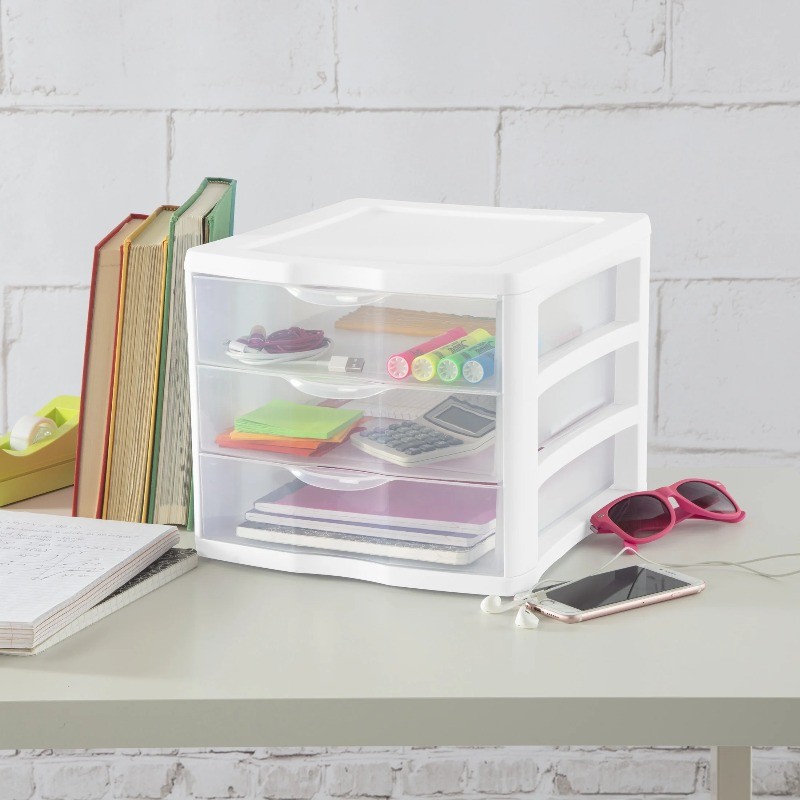 Sterilite 3 Drawer Unit, Clear Plastic Countertop or Desktop Drawers, White gallery