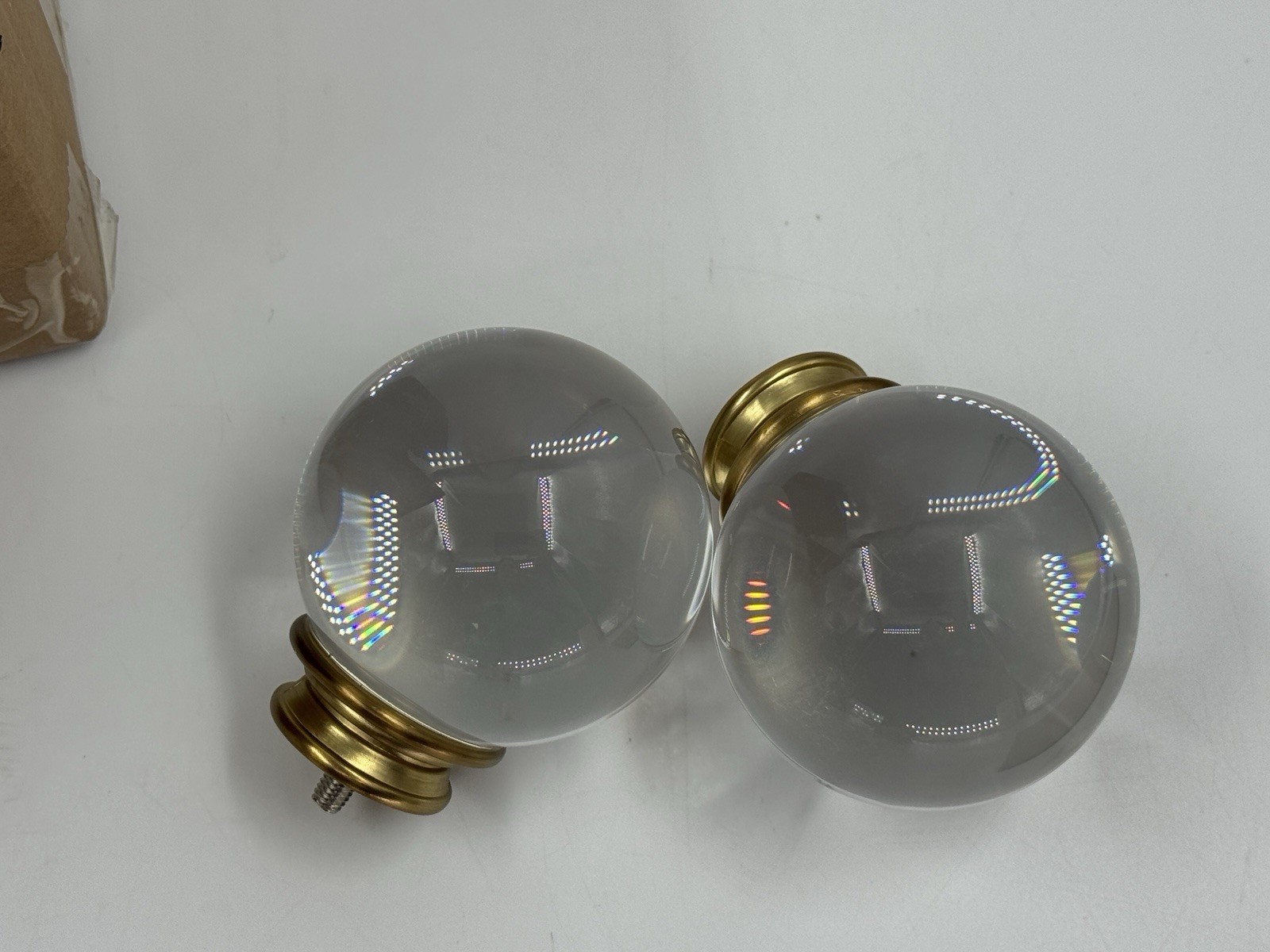 NIB Pottery Barn Standard Glass Ball Finials Set/2 Brass / Gold Clear 1.25” gallery