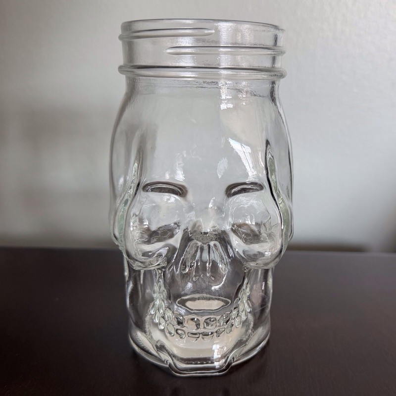 Skull shaped clear glass drinking mason jar no lid Halloween theme gallery