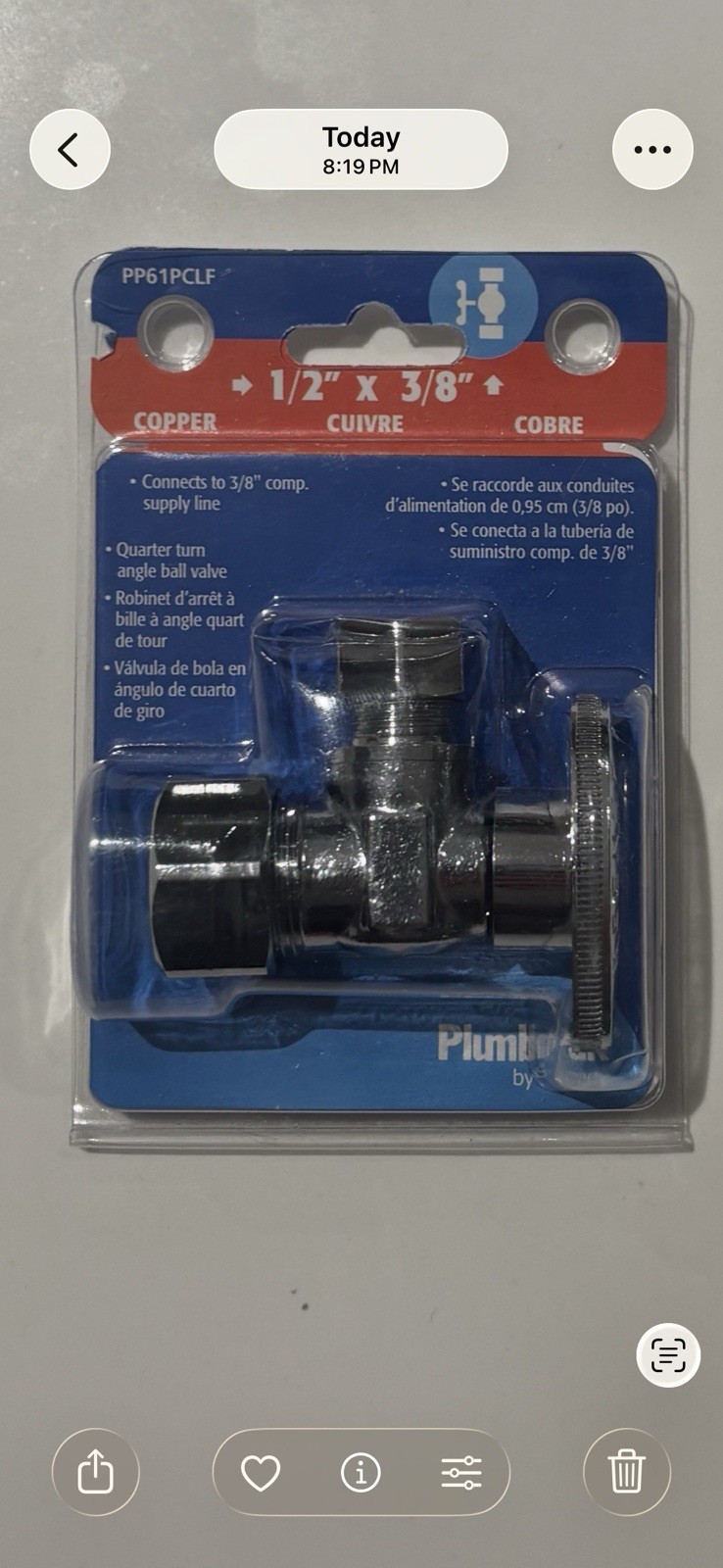 Plumb Pak 1/4 Turn Angle Stop Valve Cooper Compression 1/2 OD x 3/8 OD #PP61PCLF gallery