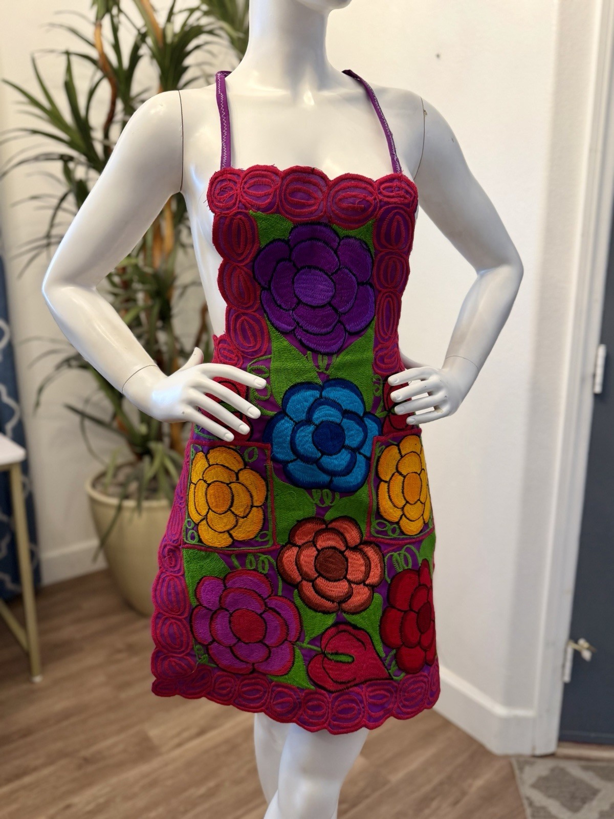 NEW Mexican Embroidered Bib Apron Vibrant Floral MAYA INKA Artisan Boho Folk Art gallery