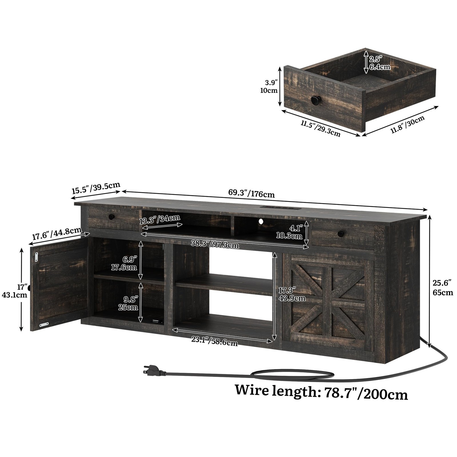 TV Stand 70 Dark Rustic Oak Entertainment Center Power Outlet MAYIHQeik7 75/80 gallery