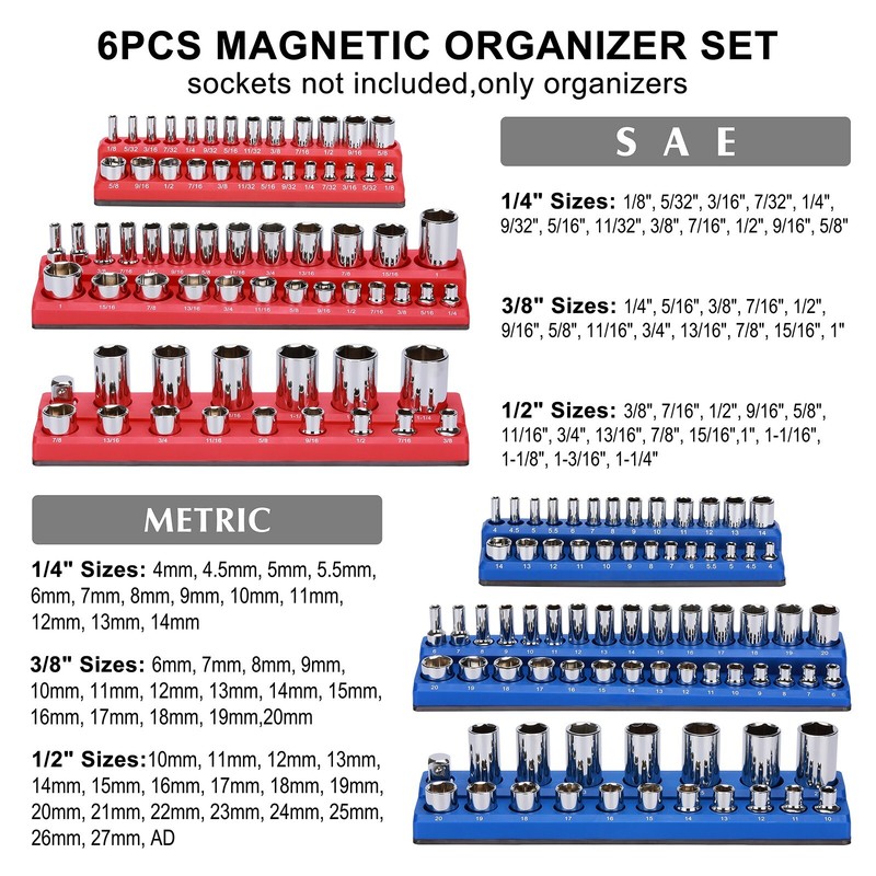 6PCS Magnetic Socket Organizer Holder, 1/4", 3/8", 1/2"Dr. 143 Slots SAE&Metric gallery