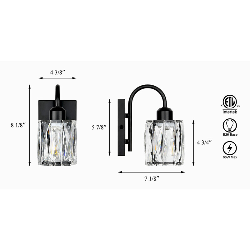 Bathroom Wall Sconce Black Vanity Light with K9 Crystal Shade for Hallway Mirror gallery