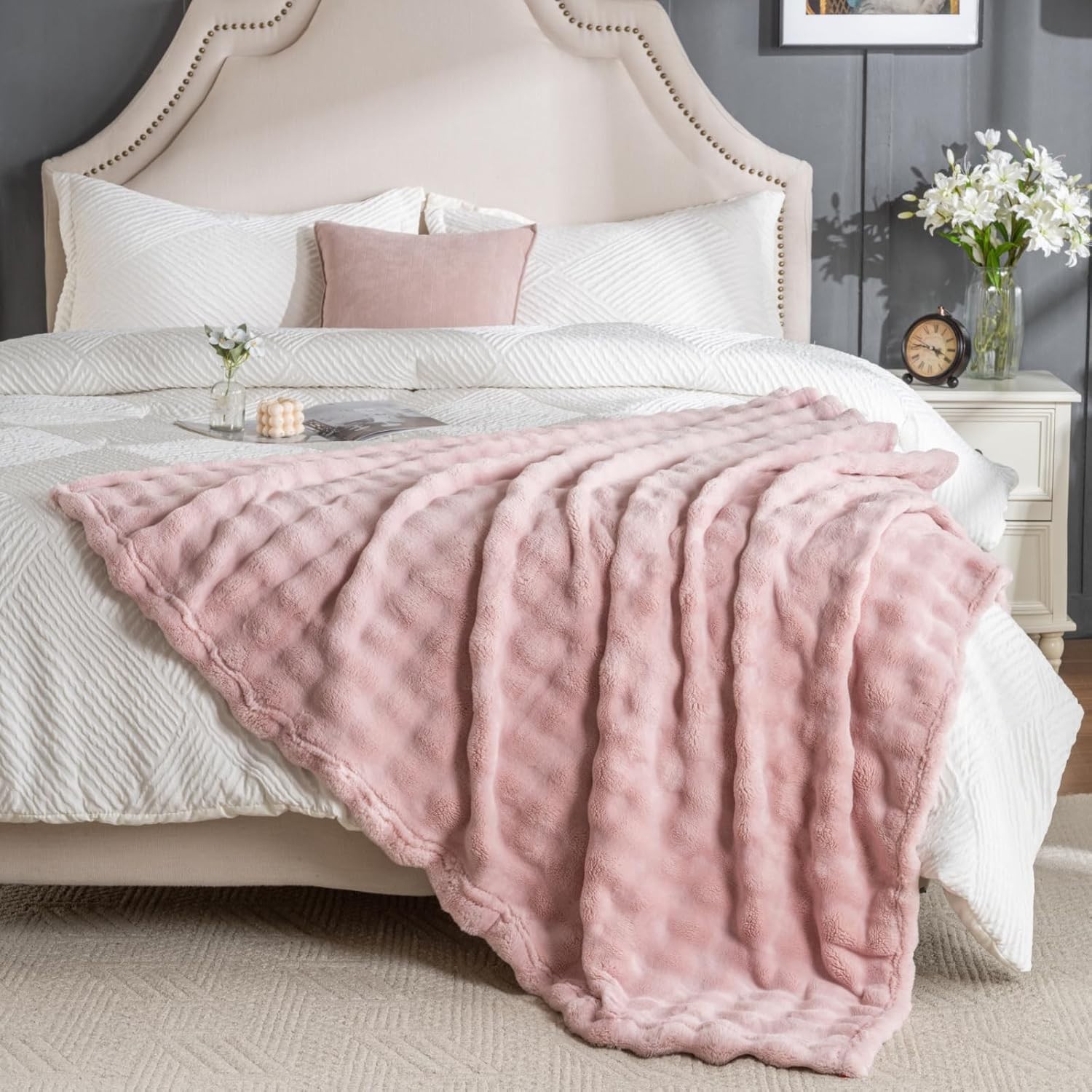 Pink Faux Fur Throw Blanket for Couch, Soft Fluffy Bubble throw(50x60), gallery