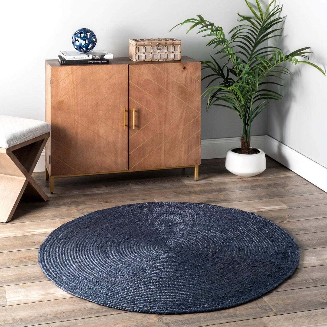 Rug Round Blue Dye 100%Handmade Reversible Decorative 3x3 Feet Braided Floor Rug gallery