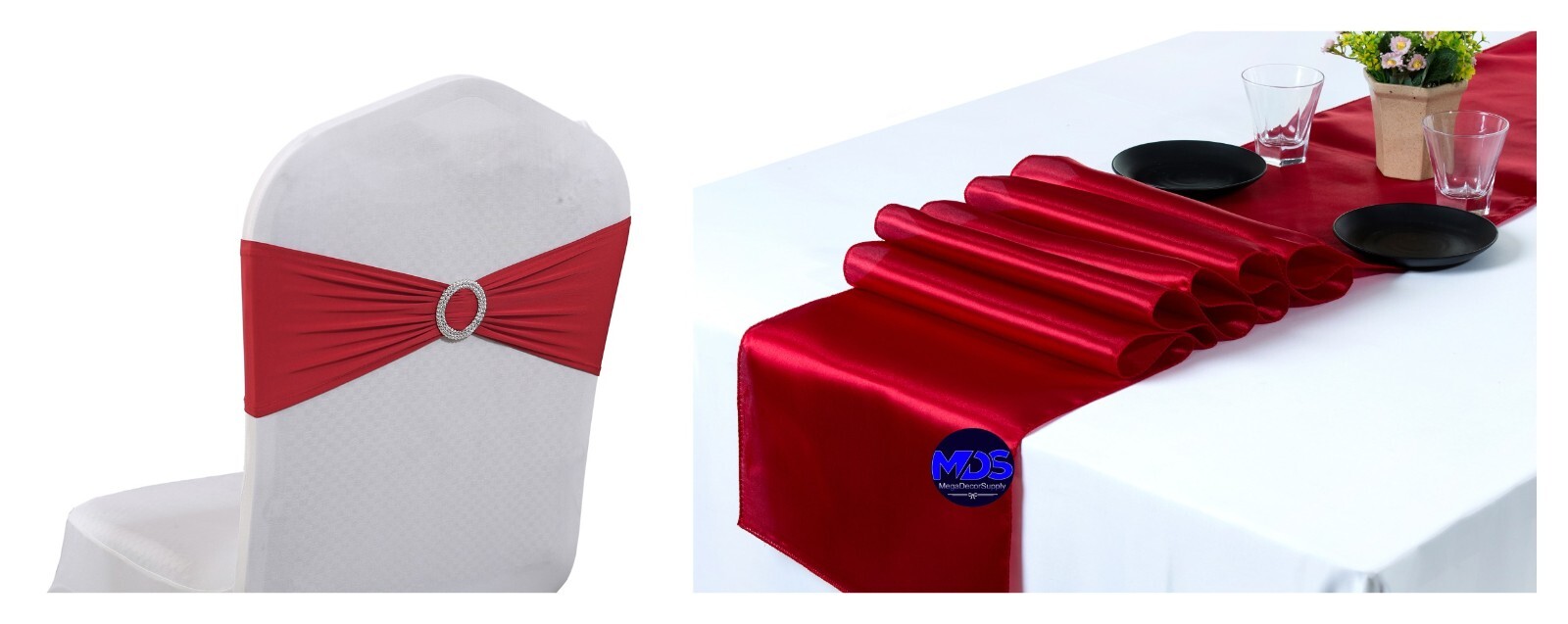 Spandex Chair Sashes + Satin Table Runners Wedding Bday Party Decor(Combo Offer) gallery