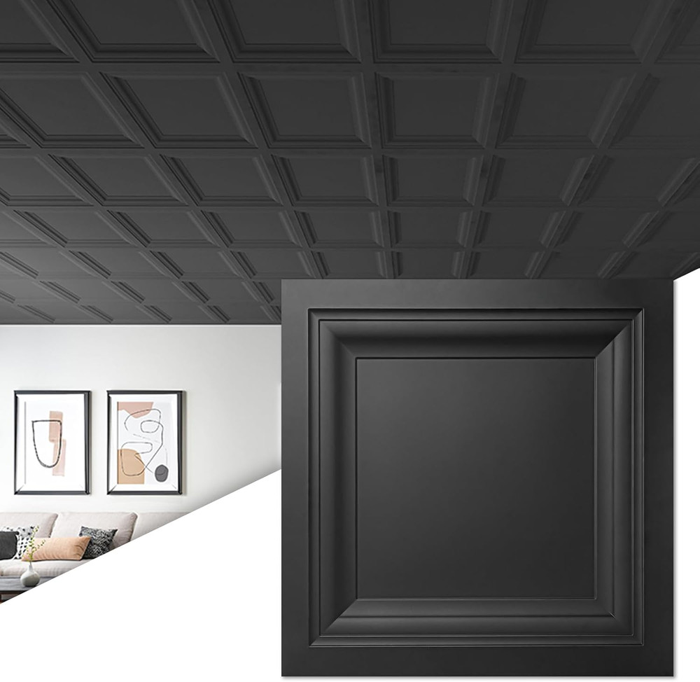 24-Pack Square Drop Ceiling Tile 2Ft X 2Ft in Black, PVC Ceiling Panel 24 X 24In