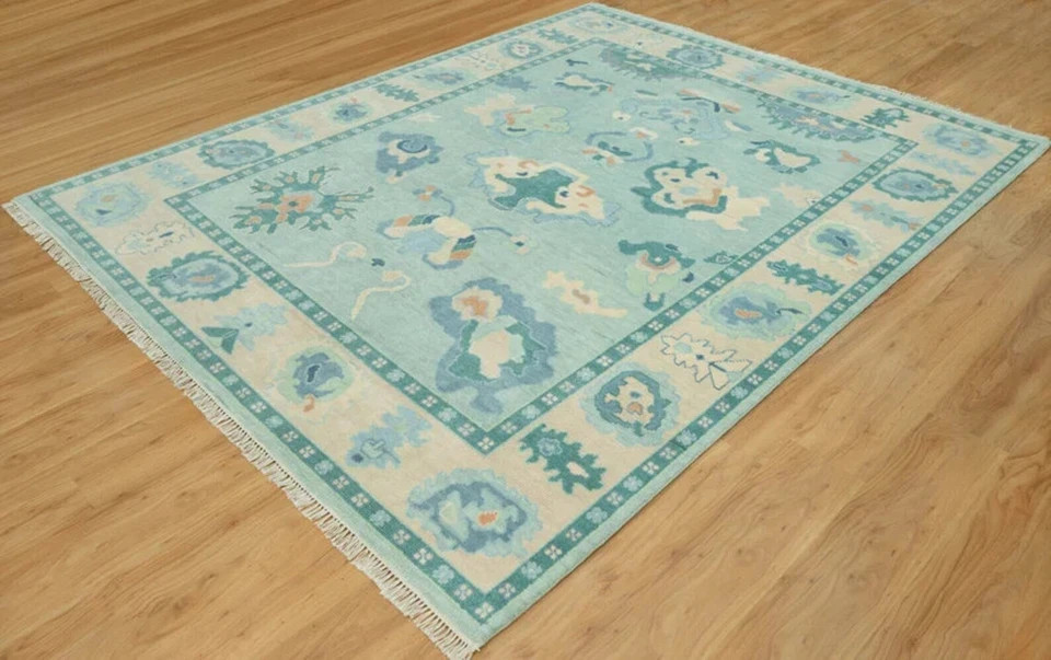 Hand Knotted Oushak Rug Aqua Blue Wool Area Rug Vintage Turkish Floral Carpet gallery