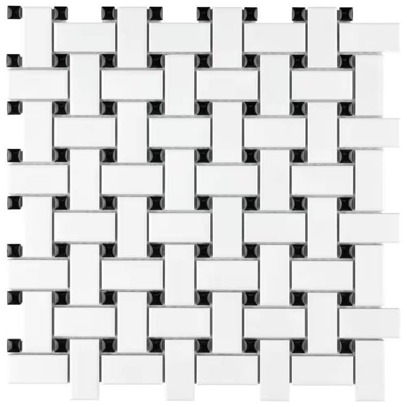 Metro Basketweave White with Black Dot 11-3/4 In. X 11-3/4 In. Porcelain Mosaic gallery