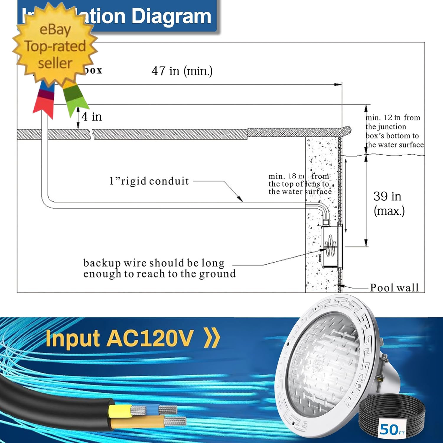 120V 10-Inch Waterproof Pool Light for Inground Pools – IP68 Rated, Includes 2 X gallery