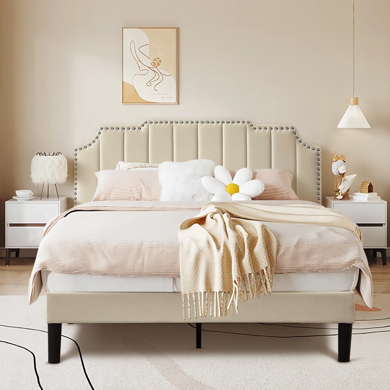 Upholstered Bed Frame Full Queen Platform with Headboard Footboard Wooden Slat gallery