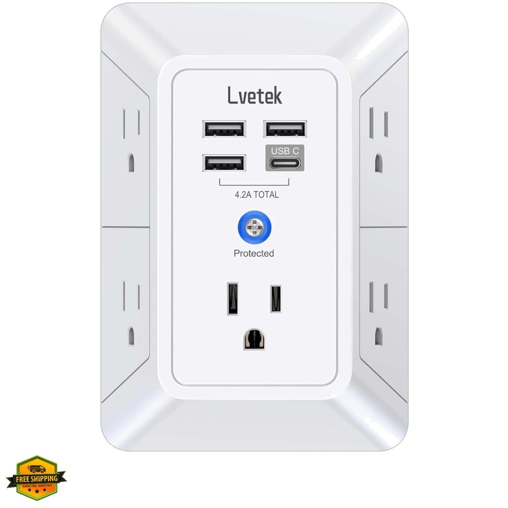 5 Outlet Extender Multi Plug Wall Outlets with 4 USB Charging Ports 1 USB C O...