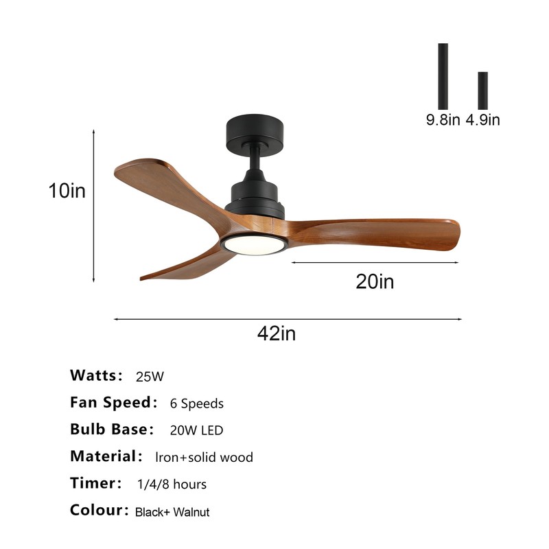 41.7" Black Ceiling Fan W/Light 3 Solid Wood Blades 6-speed Reversible DC Motor gallery