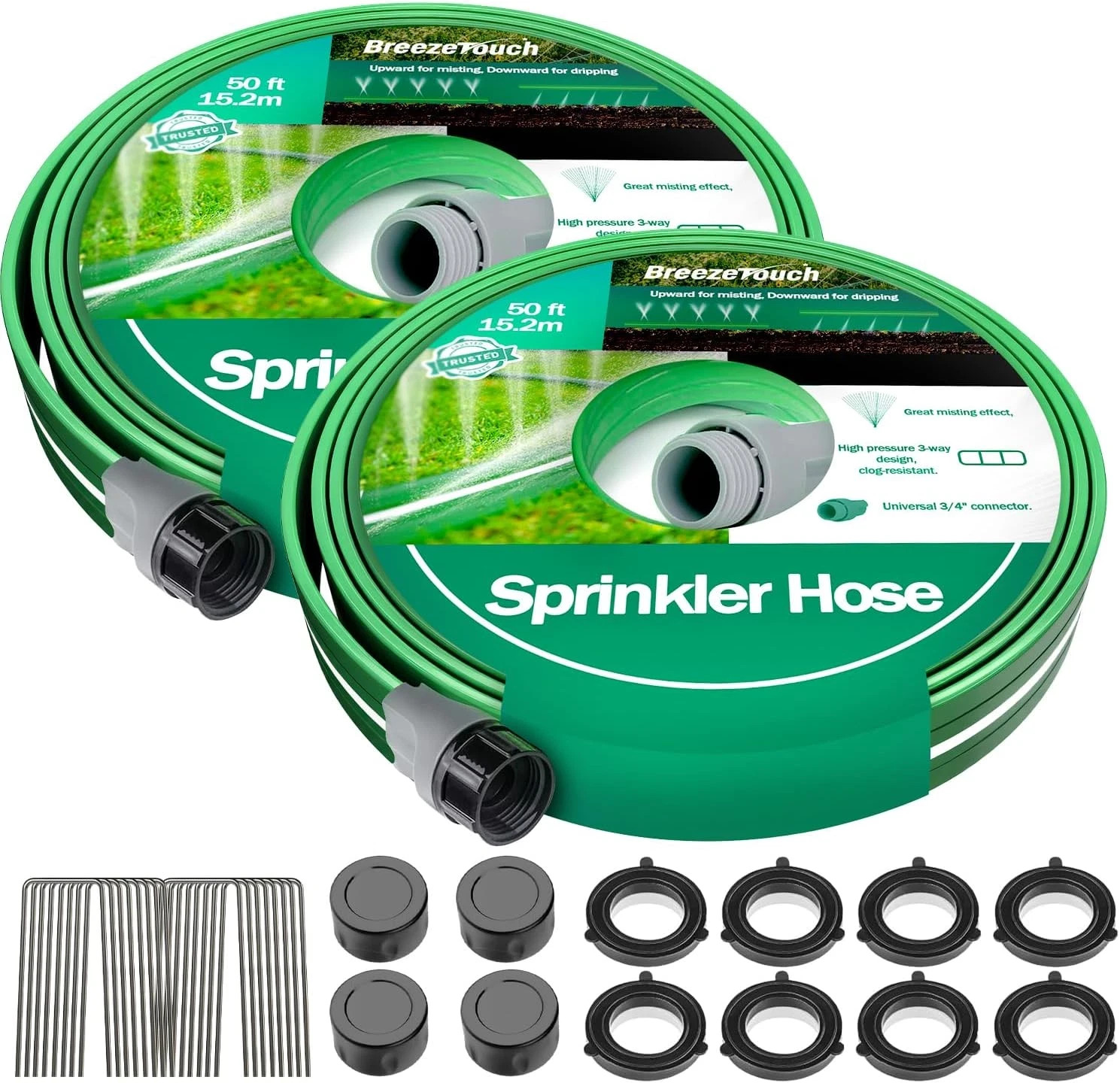 2X50FT Sprinkler Hoses for Lawn, Three-Tube Flat Sprinkler Hose with Holes, Heav gallery