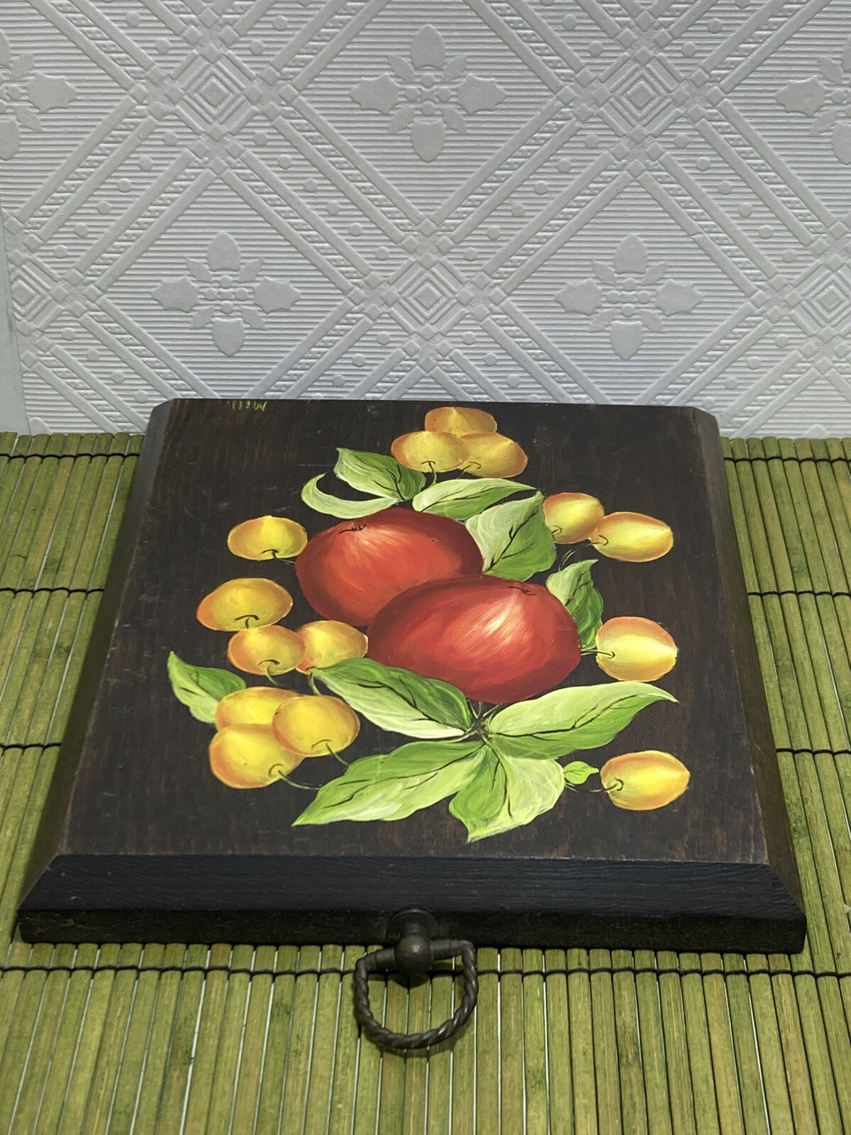 VTG Hand Painted Apples Yellow Cherries Dark Wood Plaque Wall Decor 9x7" Signed gallery