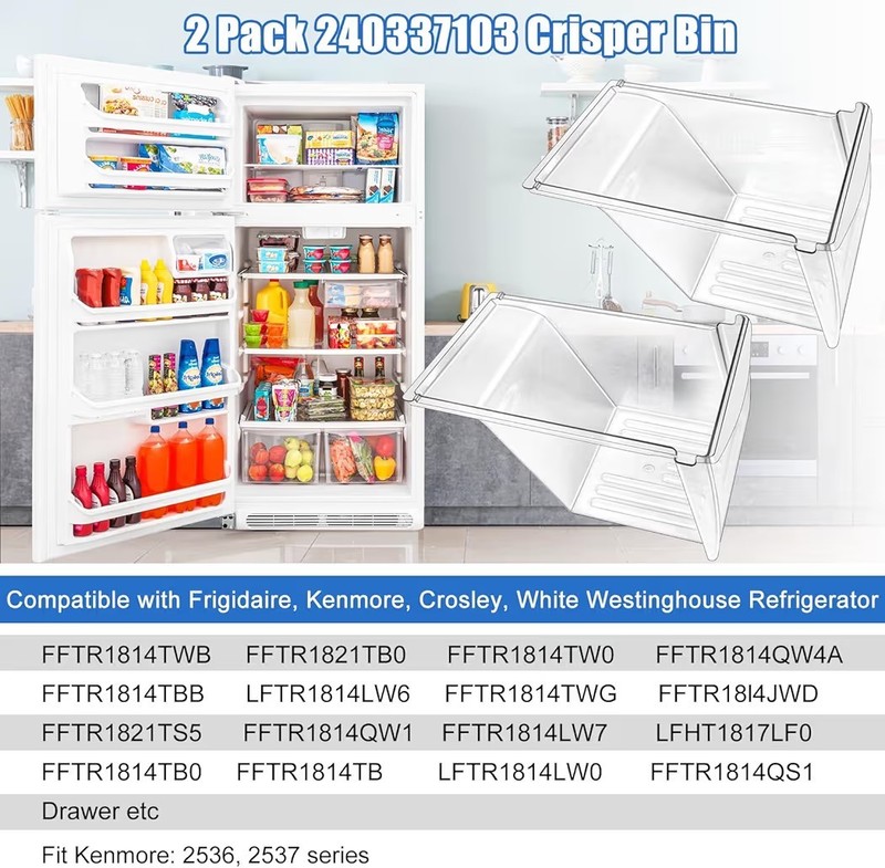240337103 Refrigerator Crisper Drawer 2-Pack For Frigidaire Kenmore Fridge Bin gallery