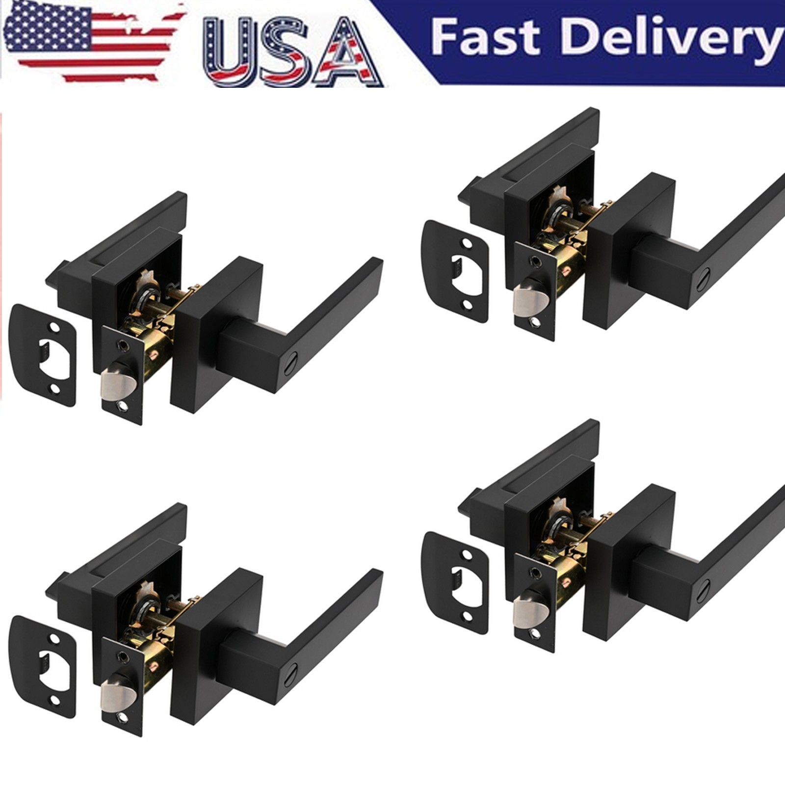 4x Universal Matte Black Square Door Lever Handle Privacy Passage Interior Lock gallery