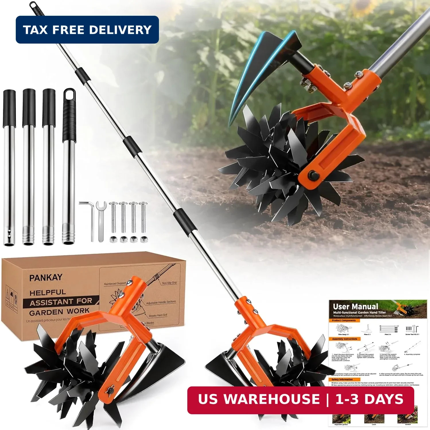 Pankay Rotary Hand Tiller for Gardening, Garden Cultivator Tool with Tilling Bla gallery