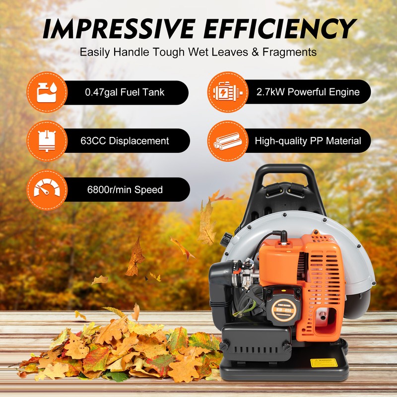 New 63CC 2-Stroke Backpack Gas Leaf Blower, 3.7HP, 850CFM Commercial Use gallery