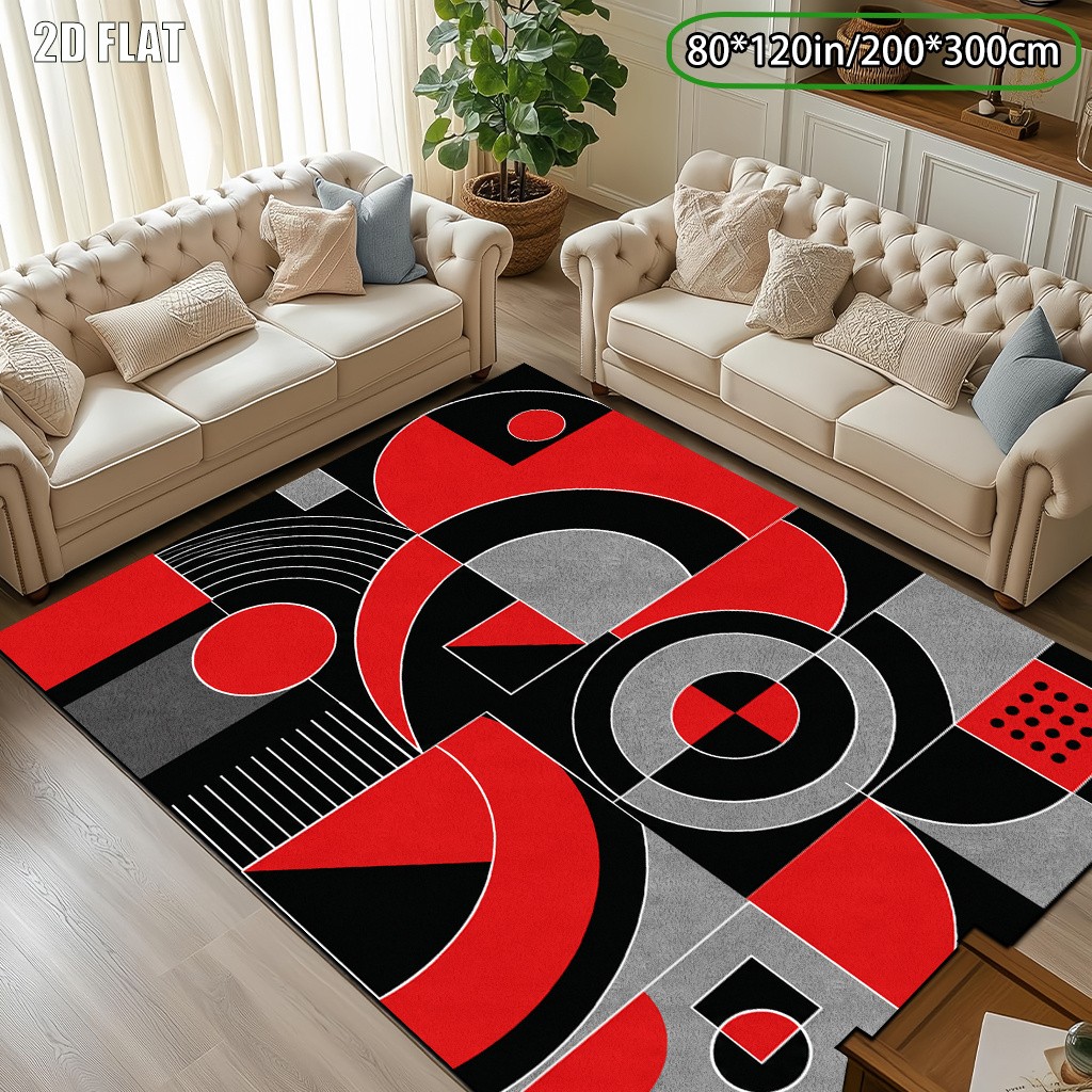 1pc A Black-and-red Pattern Composed of Circles,Squares,and Other Shapes Rug,La gallery