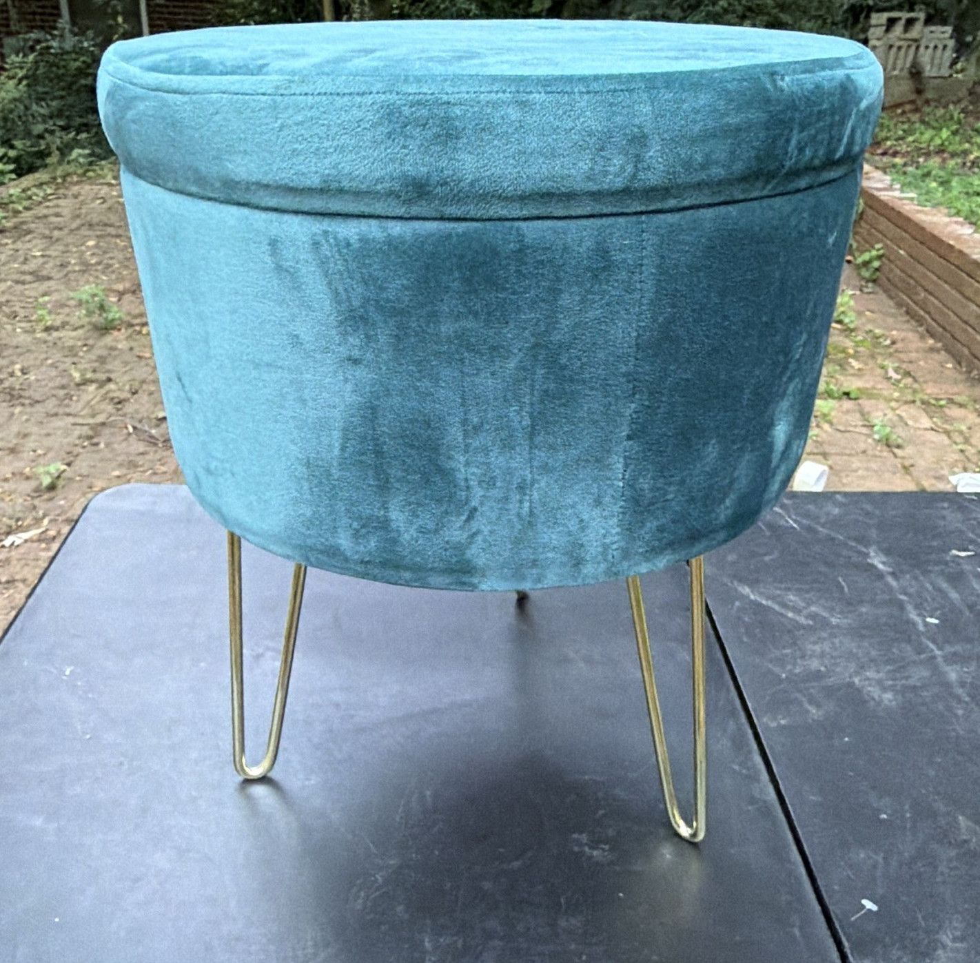 Round Teal Storage Ottoman with Lift-Off Lid, Metal Gold Hairpin Legs gallery