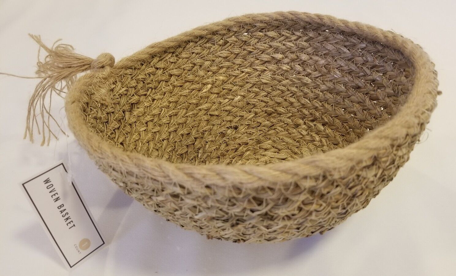 Round Woven Basket with Natural Straw Fibers and Tassel, Size: Medium, 9" Across gallery