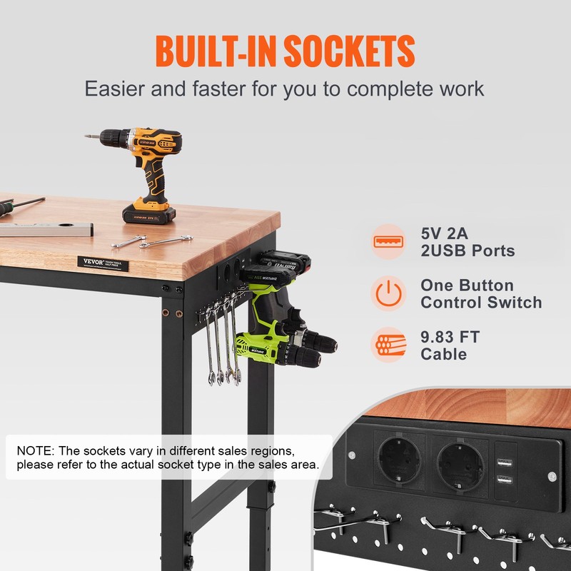 VEVOR Adjustable Height Workbench 72"L x 25"W Work Bench Table w/ Power Outlets gallery